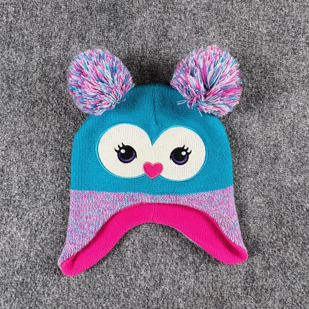Mazzy Moore Owl Hat Girls 2T-5T Blue Pink Knit Pom Pom Ear Flap Winter Beanie